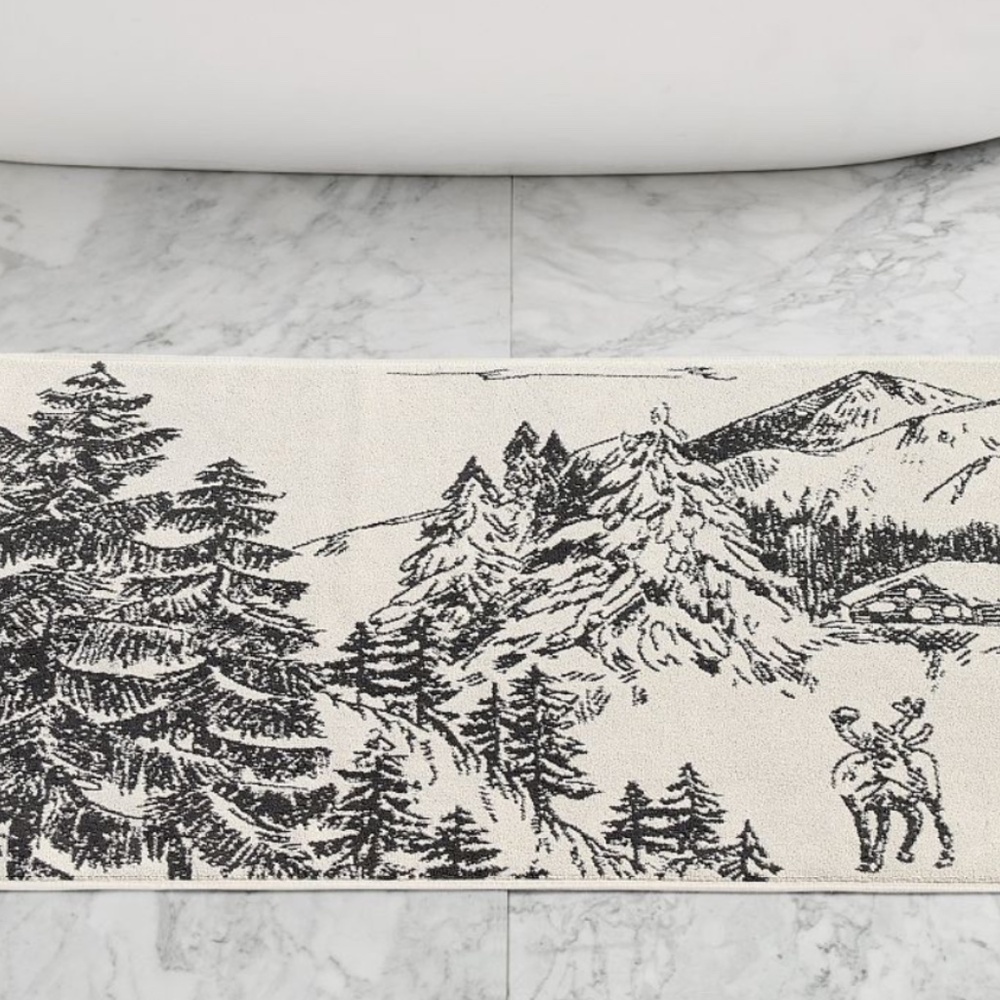 NWT Pottery Barn Rustic Forest Bath Mat Woodland Cabin Mountain Winter Deer Stag